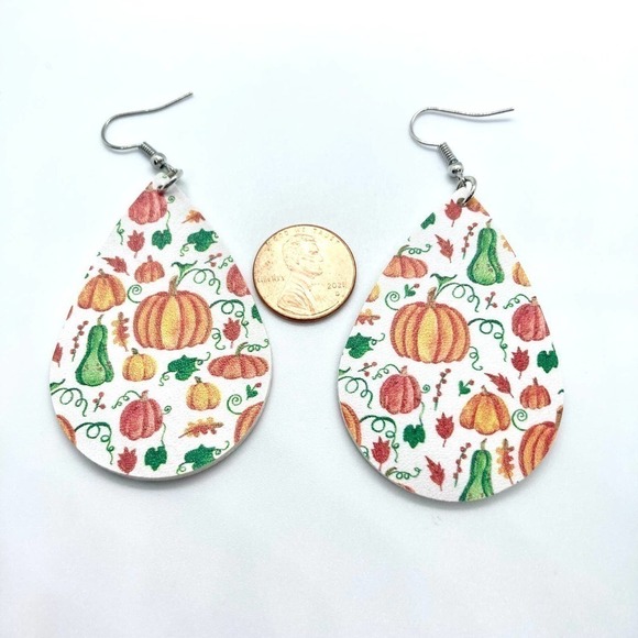 Faux Leather Teardrop Colorful Gourd Print Earrings - Picture 3 of 4